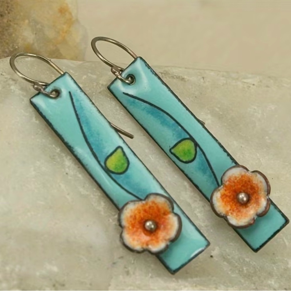 Blue Floral Enamel Bar Dangle Earrings NWOT - Picture 6 of 6
